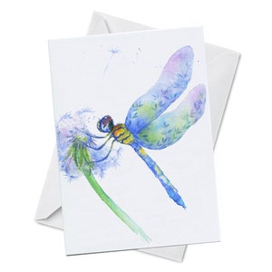Carte de voeux - ON THE WING - libellule pissenlit vierge félicitations baby shower anniversaire aquarelle colorée papier recyclé canadien