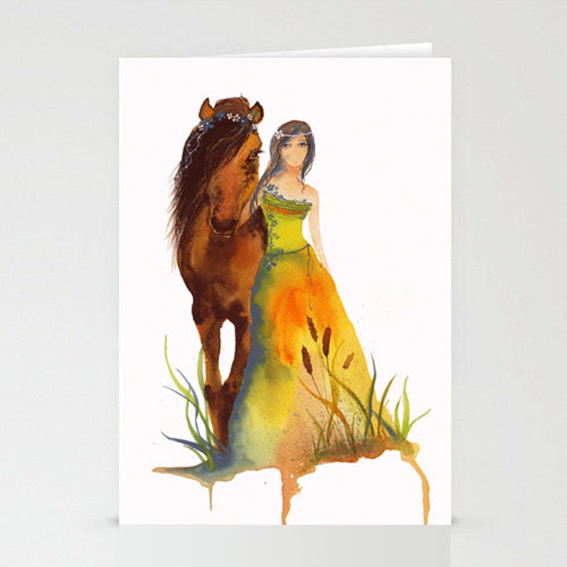 Greeting Card WALK WITH ME Horse Walking with a Woman Gia Spirit Goddess watercolor art card on recycled paper envelope blank inside image 3