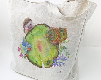 Tote Bag - Hidden Paradise - Canvas bag, Cute Hedgehog, large bag, huge tote bag, art tote, colourful bag, bird art bag, Olga Cuttell