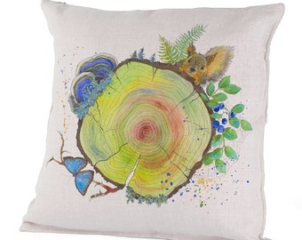 Canvas/Linen Pillow Case - Cheeky - Happy Forest, Nature, Tree Log, cute Squirrel, Wild Mushrooms, Blue Butterfly, Olga Cuttell art