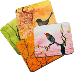 Hummingbird Coaster, Mix & Match Warm Reflection colourful hummingbird, pink cherry blossoms, watercolour painting, country home style image 3