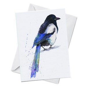 Carte de voeux - MAGPIE - oiseau social intelligent coloré bouvier tisserand fille collectionneur corvidés aquarelle peinture Oladesign Olga Cuttell