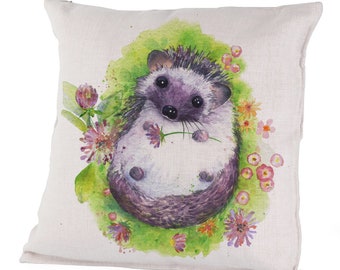 Canvas Pillow Case - Over the Hedge - Cute and Cuddly Hedgehog in Bed of Flowers, Animal Celebrating Spring and Green Life by Olga Cuttell