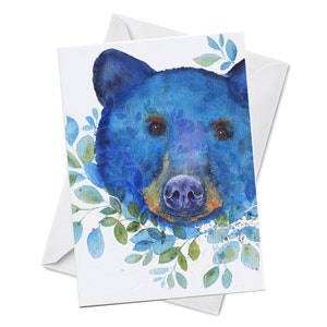 Greeting Card - Blue Beary - Watercolor Art Painting, Black Bear, Ursa Cub, Cute and Innocent, Stuffy bear, soft face, watercolor art card