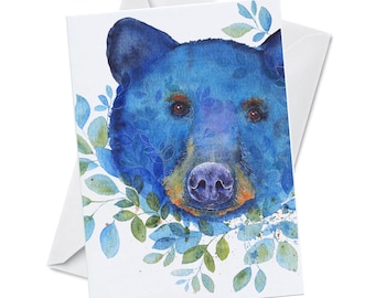 Greeting Card - Blue Beary - Watercolor Art Painting, Black Bear, Ursa Cub, Cute and Innocent, Stuffy bear, soft face, watercolor art card