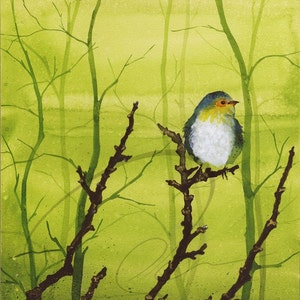 Misty - Watercolor Sparrow - Art Print - Cute Little Robin - Green Forest - Foggy Background - Available in Paper & Canvas - Olga Cuttell