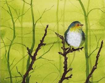 Misty - Watercolor Sparrow - Art Print - Cute Little Robin - Green Forest - Foggy Background - Available in Paper & Canvas - Olga Cuttell