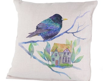 Canvas/Linen Pillow Case - Homestead - Beautiful Bird, Bird on Tree, Bright Blue, Small Bird House, Tree, Olga Cuttell