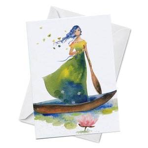 Carte de voeux - DAYDREAM BELIEVER - Water River Boat Spirit Lady Blank Félicitations Anniversaire Aquarelle Colorée Papier Recyclé Canadien