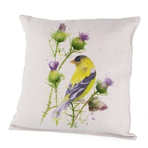 Canvas/Linen Pillow Case - Thistle Whistle - Perched Goldfinch, Thorny Clover, Yellow Finch, Purple Spring Flowers, Canadian, Olga Cuttell