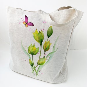 Tote Bag - Fragrance - Canvas bag, Wild Tulips, Yellow Flowers, huge tote bag, art tote, colourful bag, butterfly art bag, Olga Cuttell