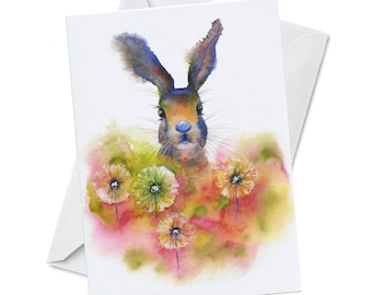 Greeting Card - PEEKABOO - Cute Easter Bunny Peter Rabbit Br'er Spring Hare Playful Thumper Child Birthday Clover Watercolor Art Painting