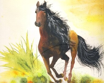 Graceful Thunder - Art Print - Running Horse - Wild and Free - Girls room - Watercolor Wildlife Painting - Paper or Canvas - Olga Cuttell