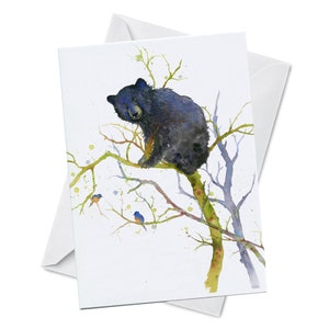 Greeting Card - OUT ON A LIMB - Watercolor Art Painting Black Bear Cub Climbing a Tree with Birds Sitting on a Branch Bow Cute and Innocent