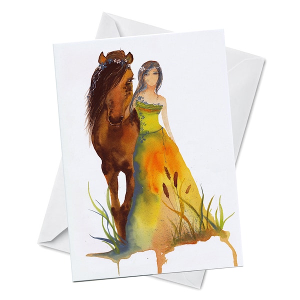 Greeting Card - WALK WITH ME - Horse Walking with a Woman Gia Spirit Goddess watercolor art card on recycled paper envelope blank inside