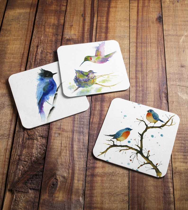Bird Coasters, Mix & Match Warm Inside English robins, cute love birds, red breasted robin, Christmas gift, watercolour art, Oladesign image 3
