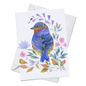 Birthday Greeting Card - Bluebell - Blue bird, foxglove, snowdrops, lily of the valley, canterbury, watercolor art card, recycled, Oladesign