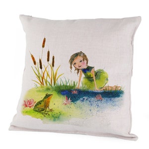 Canvas/Linen Pillow Case - Frog Prince - Inner Child, Nature Girl, Toad Pond, Watercolour Bullrush, Kids Art, Fairy Tale, Canadian Artist