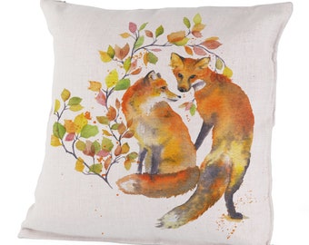 Canvas/Linen Pillow Case - Sass & Class - Fox Couple, Mated Foxes, Fall Forest, Autumn Leaves, Colourful Nature Spirits, Olga Cuttell Art