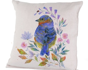 Canvas/Linen Pillow Case - Blue Bell - Beautiful Bird, Flowers, Bright Blue, Spring Blossoms, Spring Flowers, Olga Cuttell