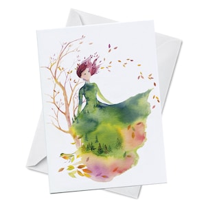 Greeting Card - FALLEN LEAVES - Watercolor Art Giclee Print Fashion Sketch design Autumn Spirit lady Woman Nature Watercolor