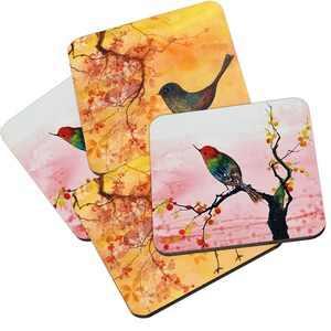 Hummingbird Coaster, Mix & Match Warm Reflection colourful hummingbird, pink cherry blossoms, watercolour painting, country home style image 6