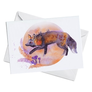 Carte de vœux - Insaisissable - Aquarelle Art Giclée Print Sly Clever Mignon Renard Red Tail Purple Fern Nature Automne Automne Wildlife Painting