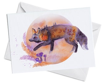 Greeting Card - Elusive - Watercolor Art Giclee Print Sly Clever Cute Fox Red Tail Purple Fern Nature Autumn Fall Wildlife Painting