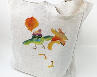 Tote Bag - Blow'n in the Wind - Cute Bird Canvas bag, large bag, huge tote bag, art tote, colourful bag, bird art bag, Olga Cuttell