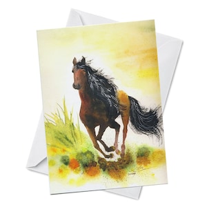 Carte de voeux - TONNERRE gracieux - cheval d'anniversaire qui court en liberté avec une crinière de fleurs, peinture aquarelle fabriquée au Canada