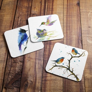 Hummingbird Coaster, Mix & Match Warm Reflection colourful hummingbird, pink cherry blossoms, watercolour painting, country home style image 5