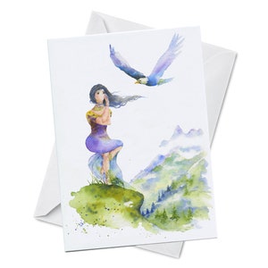 Carte de vœux - Eagle Pose - Mountain Eagle Spirit Lady Yoga Pose Blank Félicitations Anniversaire Aquarelle colorée Papier recyclé canadien