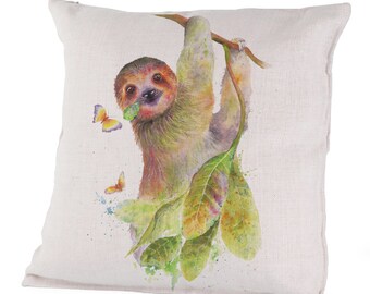 Canvas Pillow Case - Patience - Jungle Sloth, Hanging in the Forest, Cute and Cuddly, Nature Scene, Butterfly, Canadian Artist, Olga Cuttell