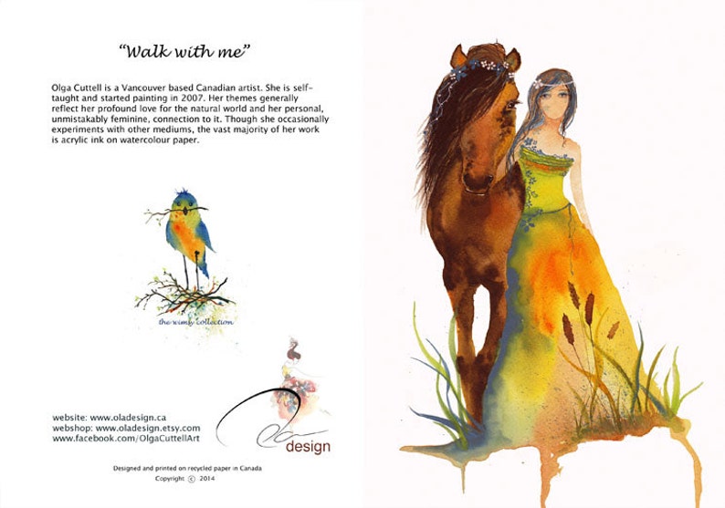 Greeting Card WALK WITH ME Horse Walking with a Woman Gia Spirit Goddess watercolor art card on recycled paper envelope blank inside image 2