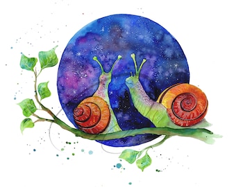 Stargazing - Art Print - Colorful Snails - Lovers Gazing at the Night Sky - Watercolor Wildlife Painting - Paper or Canvas - Olga Cuttell