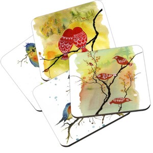 Hummingbird Coaster, Mix & Match Warm Reflection colourful hummingbird, pink cherry blossoms, watercolour painting, country home style image 9