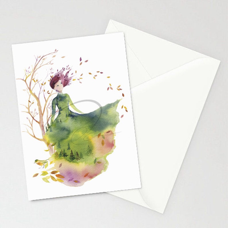 Greeting Card FALLEN LEAVES Watercolor Art Giclee Print Fashion Sketch design Autumn Spirit lady Woman Nature Watercolor image 5