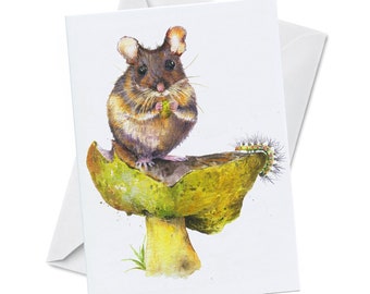 Greeting Card - ITTY BITTY - Cute Mouse on a Magic Mushroom Birthday Celebration Gratitude Watercolor Art Print Recycled Paper Blank Inside