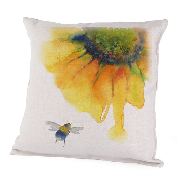 Canvas/Linen Pillow Case - Nectar - Little Bumblebee, Big Yellow Sunflower, Joyful Honey Bee, Gathering Pollen, Spring Flower, OlaDesign