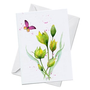Romantische Wenskaart - GEUR - Jubileum of Valentijnsdag Wild Gele Tulpen bloemen aquarel Roze Vlinderkaart gerecycled papier