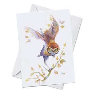 Cartão de felicitações - INSIGHT - Coruja de caça de celeiro com chifres Boreal manchado cinza aniversário amante de pássaros predador pintura de arte em aquarela Oladesign