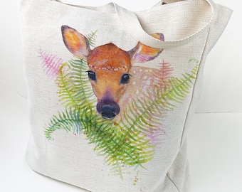 Tote Bag - Doe a Deer - Canvas bag, Cute Deer, Big Eyes Animal, large bag, huge tote bag, art tote, colourful bag, art bag, Olga Cuttell