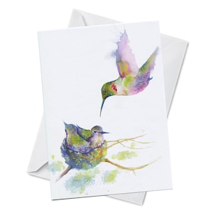 Biglietto di auguri - HUMMING - Humming Bird Nutrire i suoi pulcini in un nido Madre Uccello Natura Nutrire Oladesign Canadian Watercolor Art Painting