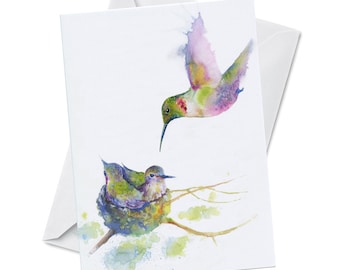 Greeting Card - HUMMING - Humming Bird Feeding her Chicks in a Nest Mother Bird Nature Nurturing Oladesign Canadian Watercolor Art Painting