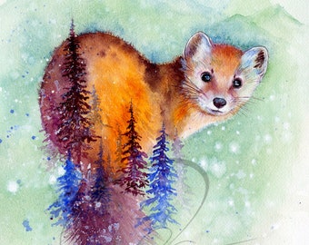 Pine Martin - Fine Art Print,  Nature, Wildlife, Mountains, Full moon, Trees, Painting Available in Paper and Canvas by Olga Cuttell