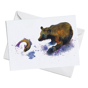 Biglietto di auguri - PESCA - Orso Che cattura un salmone Festa del papà Pensionamento Congratulazioni acquerello arte pittura carta riciclata Blank Inside