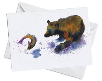 Greeting Card - FISHING - Bear Catching a Salmon Father's Day Retirement Congratulations watercolor art painting recycled paper Blank Inside