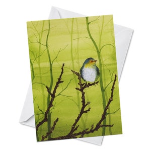 Tarjeta de felicitación - MISTY - Pájaro de acuarela colorida encaramada en una rama en Niebla Oladesign Hecho en Canadá Papel reciclado en blanco en el interior