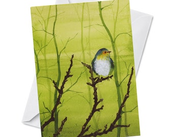 Greeting Card - MISTY -  Colorful Watercolor Bird Perched on a Branch in Foggy Mist Oladesign Made in Canada Recycled Paper Blank Inside
