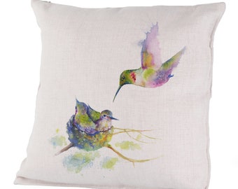 Canvas Pillow Case - Humming - Tiny Hummingbird Chicks in a Spring Nest, Mother Home with Nectar, Babies Loved and Cared for by Olga Cuttell